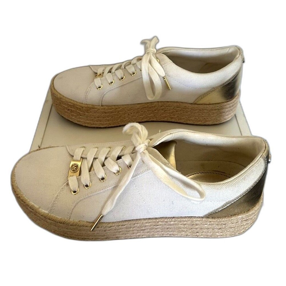 Michael Kors Canvas Espadrille Platform Sneakers Gold Ivory Lace Up 8.5M